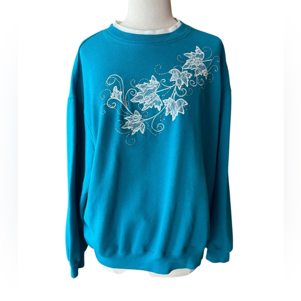Vintage Teal, Lace Leaves Appliqué with Small Swirly Studs Sweatshirt
